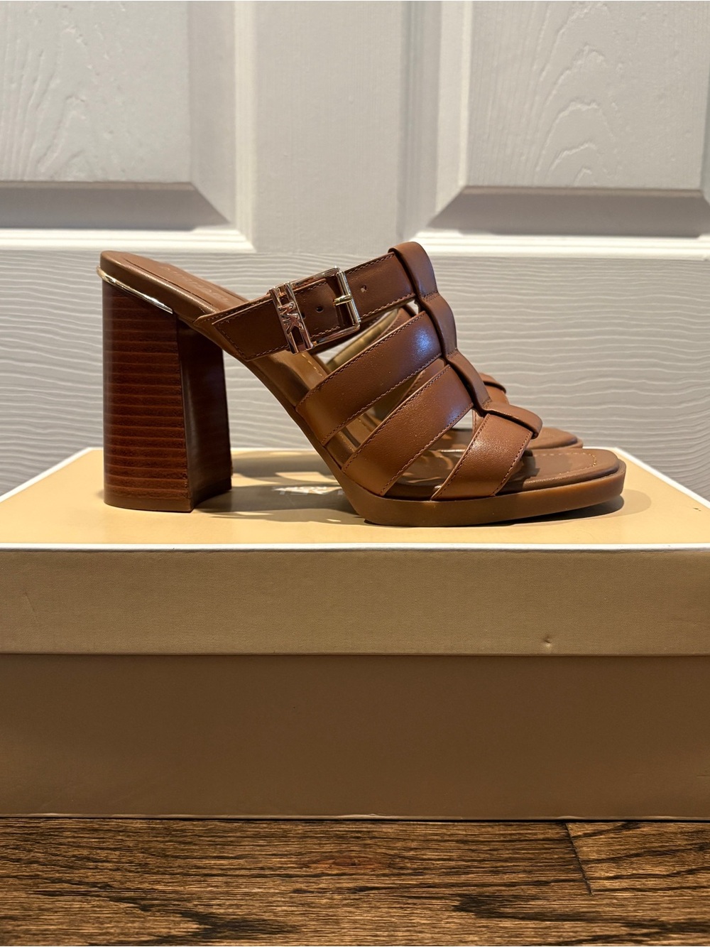 Michael Kors Brown Strappy Slide Sandals with Side Buckle - Picture 3 of 8